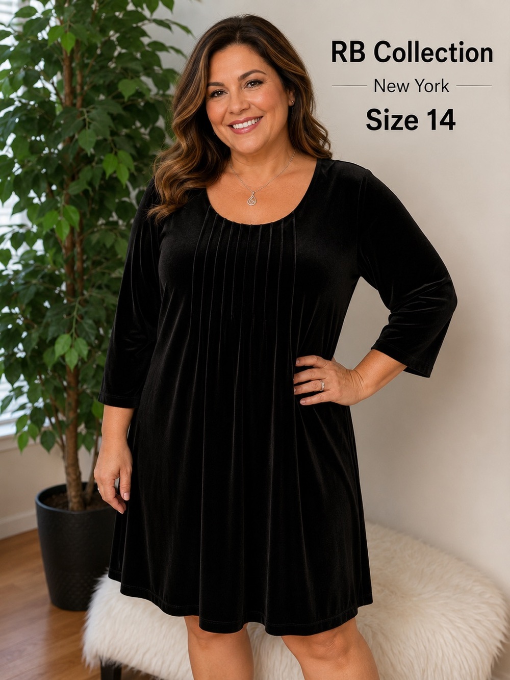 RB Collection New York Black Velvet Dress | Size 14 | Soft Stretch 3/4 Sleeve